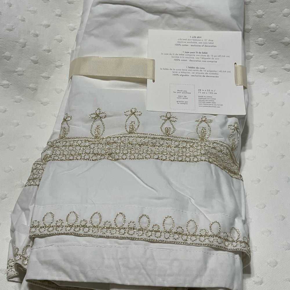 Pottery Barn KIDS, Baby Alma Crib Skirt, WHITE AND GOLD, 28”X 52”
